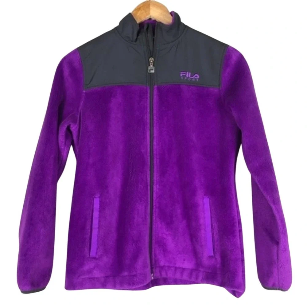 Fila Sport Fleece Colorblock Full Zip Jacket Purple Black Sporty Size M 10/12